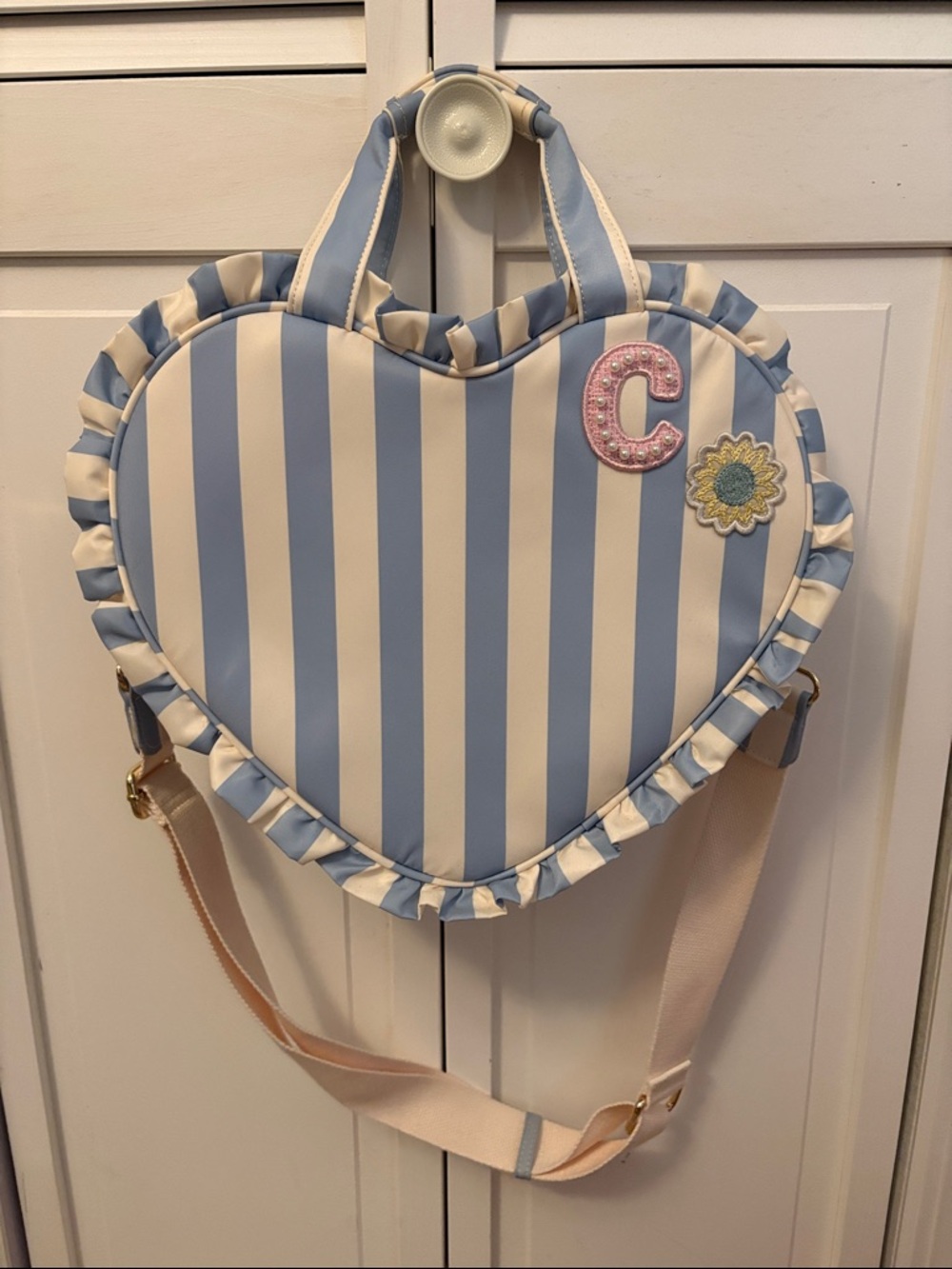 Stoney Clover Striped Heart Crossbody Bag in Light Blue and Cream